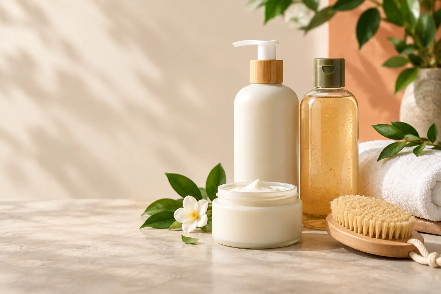 Body lotion, wash, cream, towel and natural bath brush