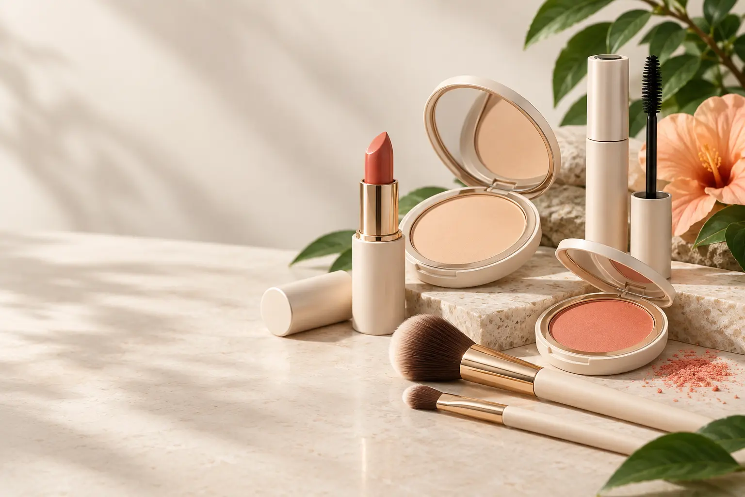 Lipstick, powder, blush, mascara and makeup brushes