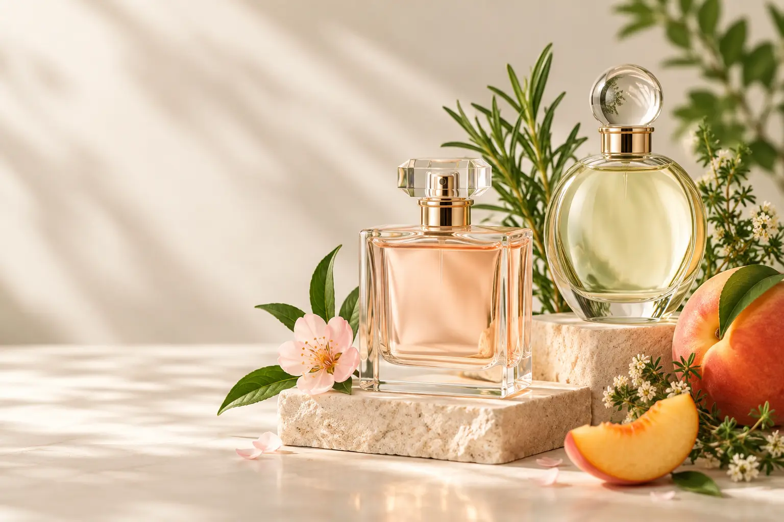 Elegant perfume bottles with peach blossoms and herbs