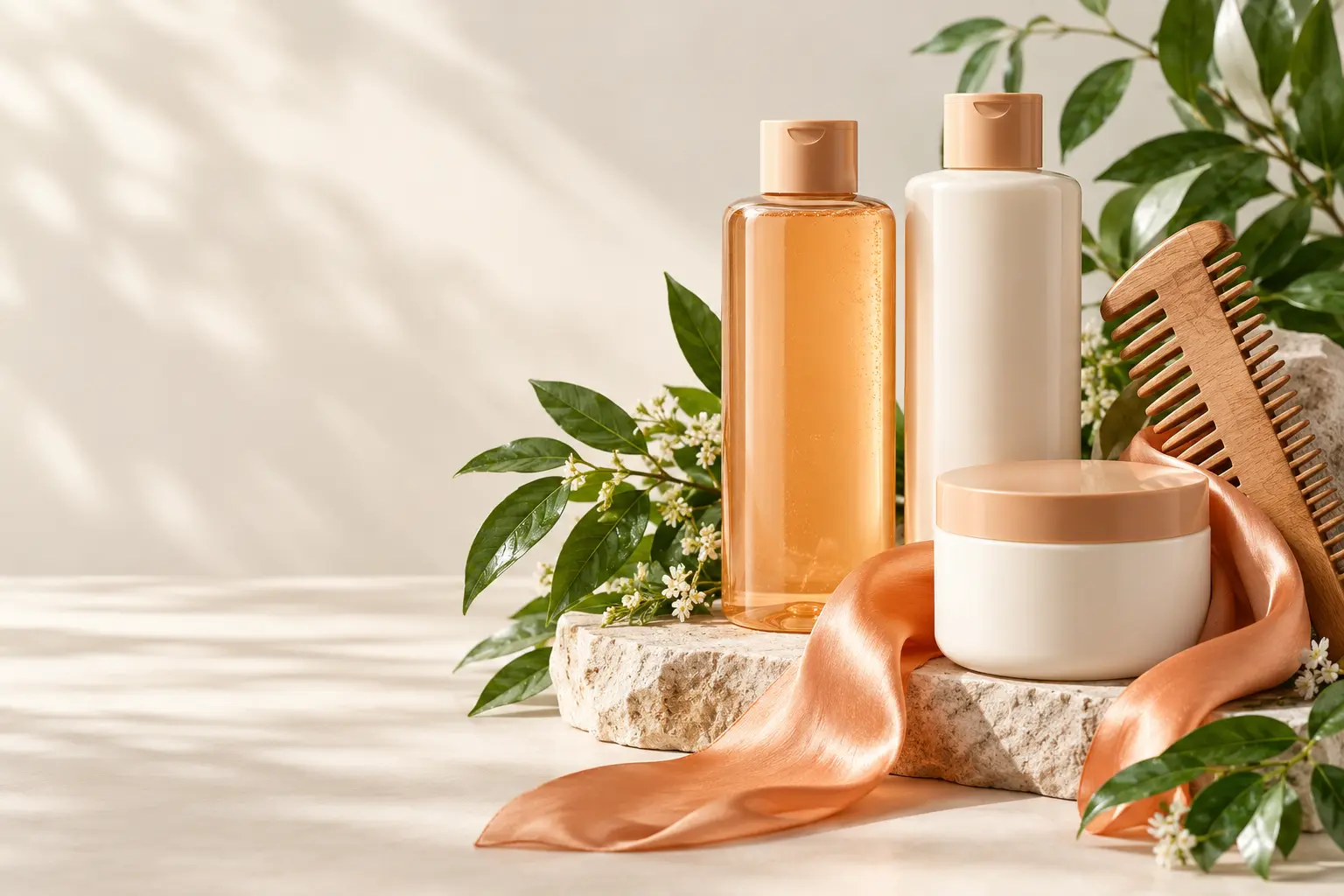 Haircare bottles, treatment jar and wooden comb with botanical styling