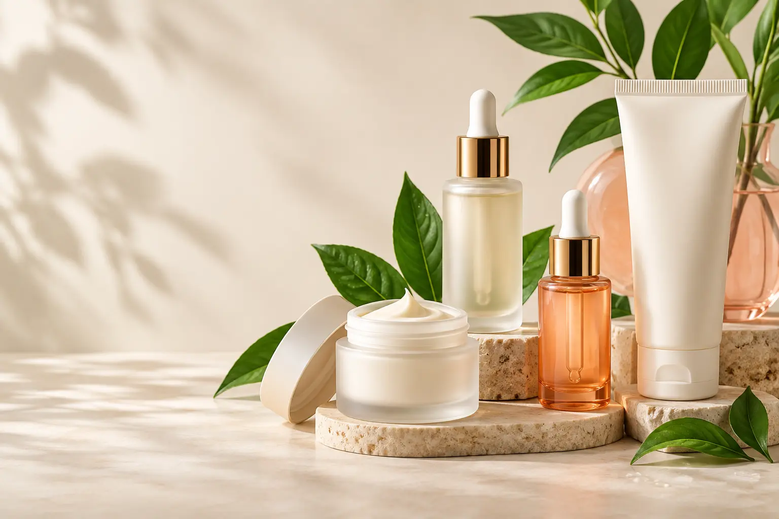 Skincare bottles, serum and cream arranged with fresh green leaves