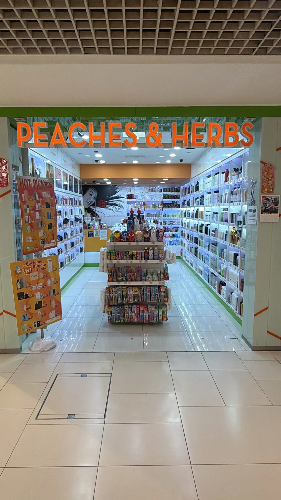 Brightly stocked beauty shelves inside Peaches and Herbs
